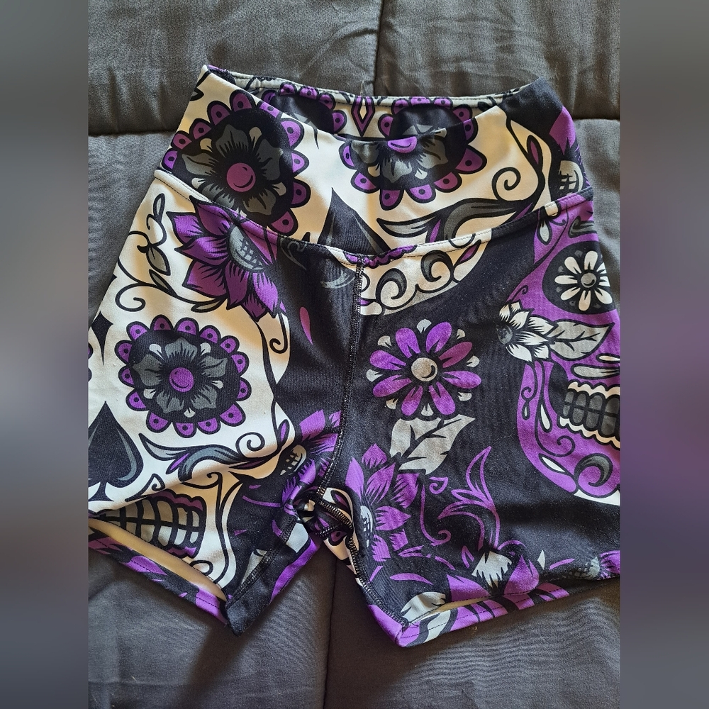 Purple and Black Floral Skull Print Shorts
